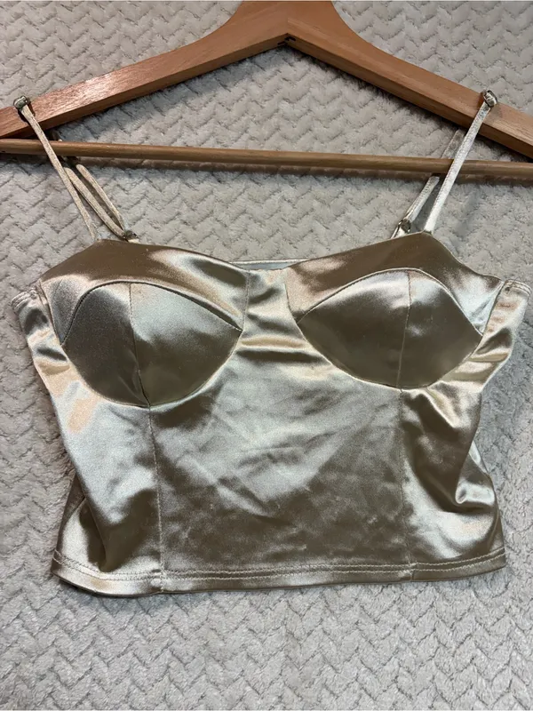 Popular 21 Gold Satin Bustier Crop Top Ivory Metallic Corset Cami Womens Small - Image 2