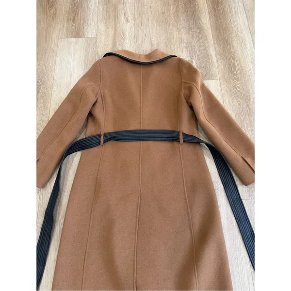 Tahari Wool Blend Faux Leather Trim Belted Coat Caramel Size Medium - Image 14