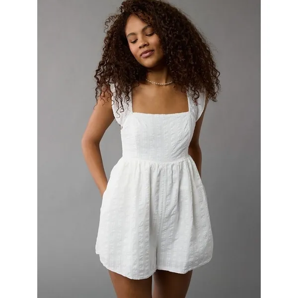 American Eagle White Flutter Sleeve Babydoll Smocked Romper Sz.L - Image 2