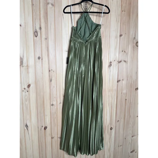 NWT Lulus Elaborate Charm Olive Green Satin Pleated Backless Maxi Dress Party S - Image 6