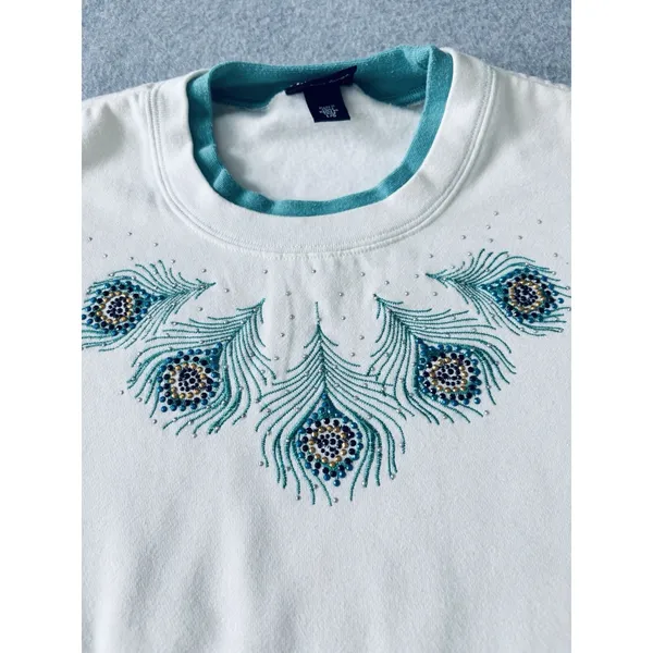 Trilllogy By Morning Sun Blue Peacock Feather Mock Layered Sweatshirt Pullover L - Image 3