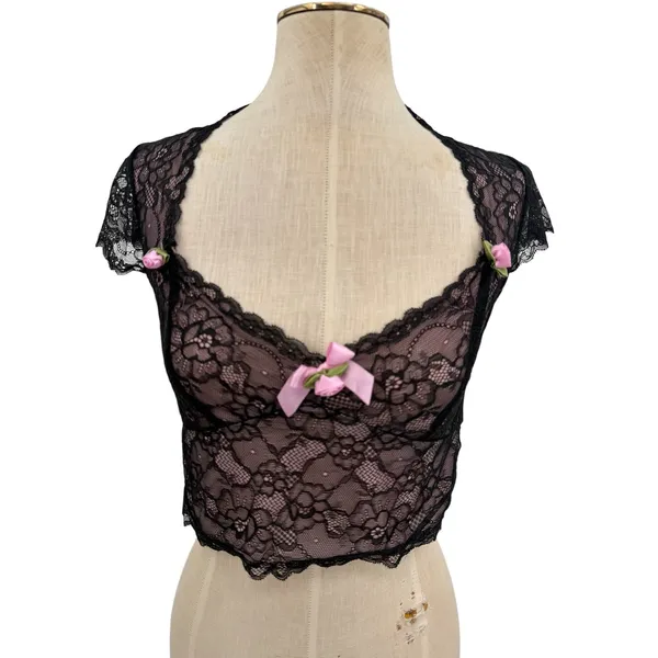 Sugar Thrillz Dolls Kill Lace Crop Top Black Pink Bow Sheer Floral NWT Medium - Image 2