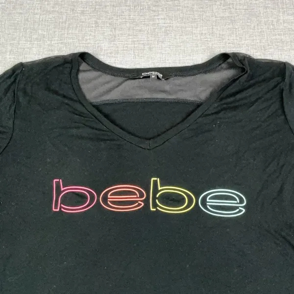 Bebe Sport T-Shirt Womens M Black V-Neck Short Sleeve Sheer Jersey Logo Top - Image 2