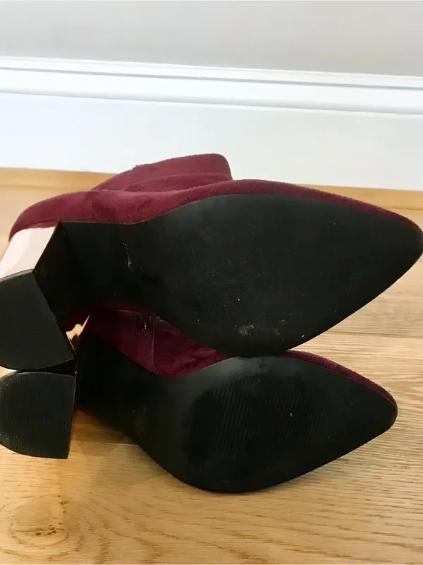 Women's Burgundy Egan Suede Ankle Boot with rose Gold Metallic Block Heel - Image 7