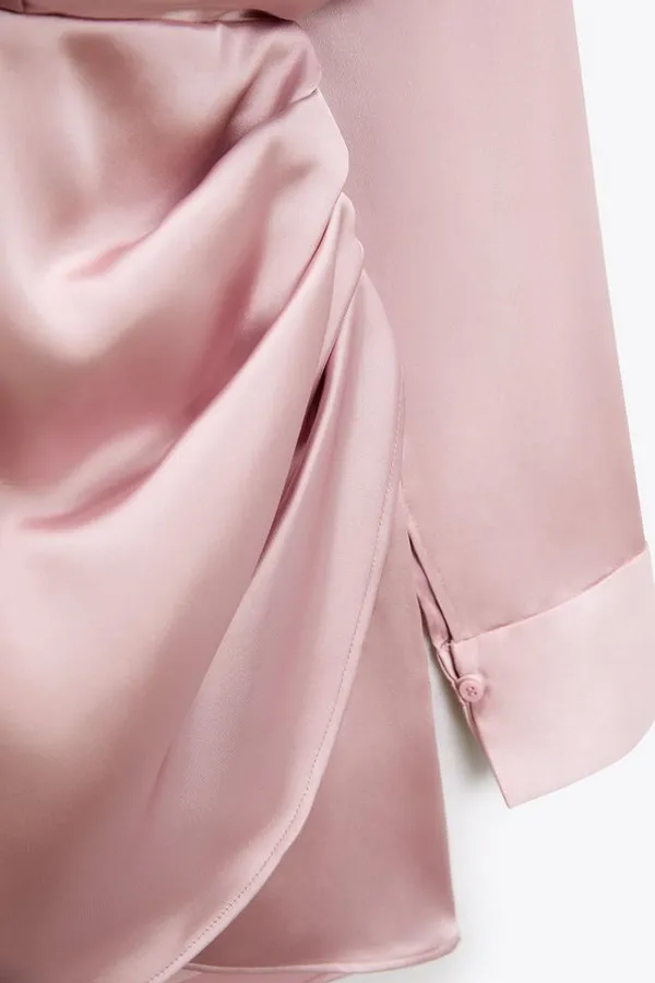 mini dress satin effect drapped long sleeve pink party wedding coctail - Image 6