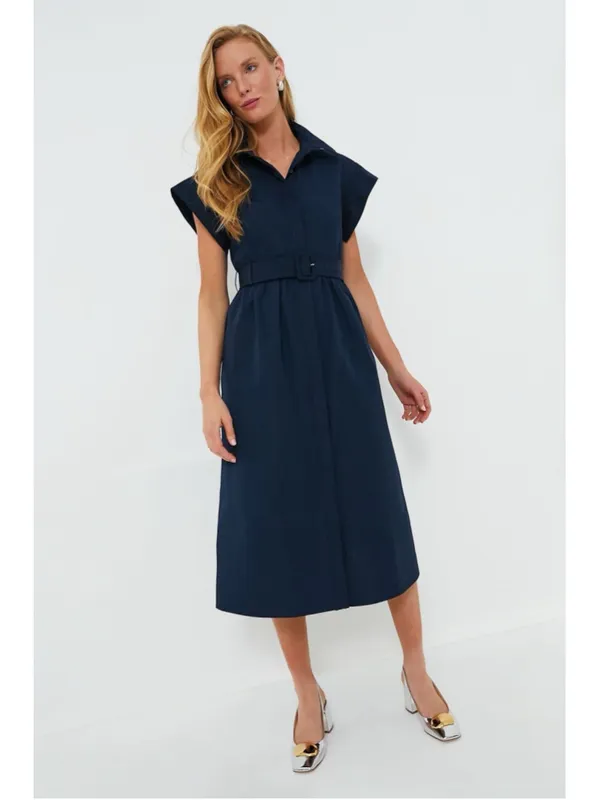 New Tuckernuck Navy Blue Chloe Midi Dress Small Belted Collared Moir Classic - Image 2