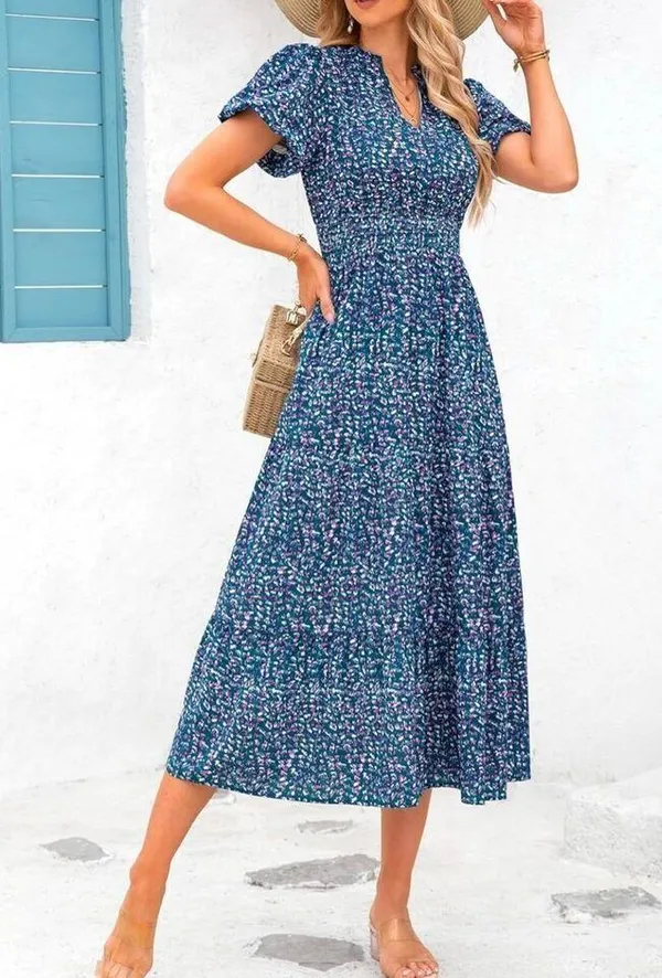 NEW Puff Short Sleeve Smocked Ruffle Flowy Midi Floral Dress S - Image 5