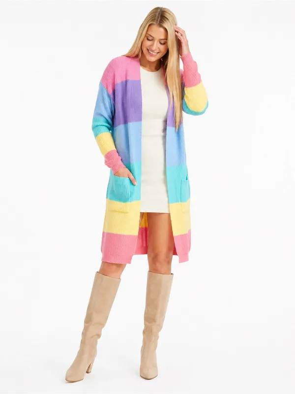ZESICA XL Pastel Rainbow Colorblock Long Open Front Knit Cardigan Pockets - Image 4