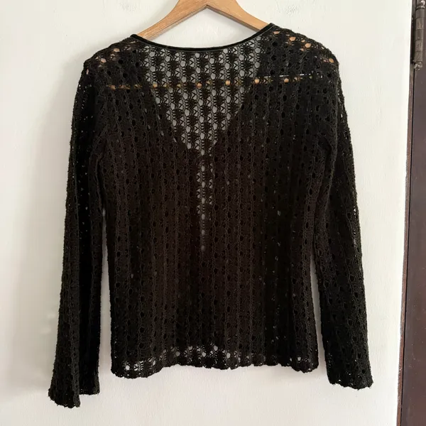 Fresh Wear Dark Olive Green Open Knit Velvet Trim Tie Bell Sleeve Cardigan - Image 2