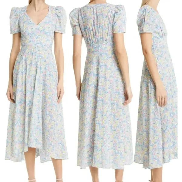 NWT‎ LOVESHACKFANCY Hutchinson Floral Midi Dress Rainbow Blast blue pink v neck - Image 2