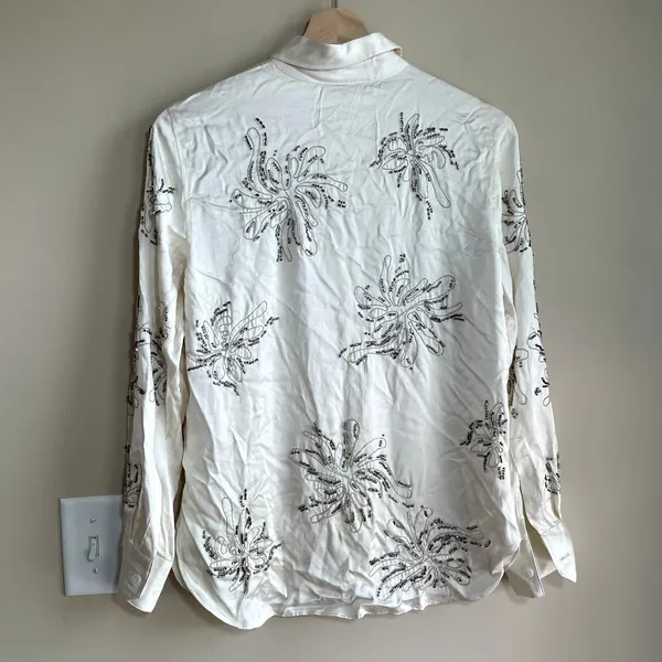 NWT Zara beaded long sleeved button down shirt floral cream satin‎ women's XS - Image 7