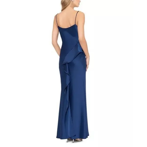 Aqua Formal Women’s Ruffle Maxi Dress Blue Satin Size 8 Bias Cut Homecoming HoCo - Image 3