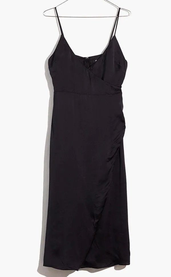 Madewell Black Satin Cami V-Neck Side Button Faux Wrap Knee Length Dress - Image 4