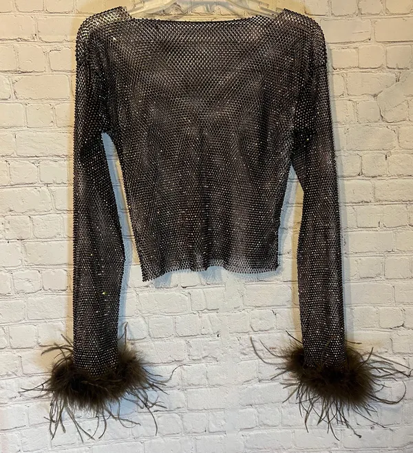 Dark brown & bronze mesh top with feather cuffs, M Size M - Image 3