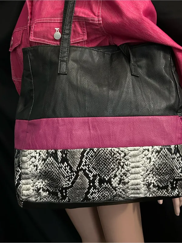 Black & Magenta Snake-Trim Tote Shoulder Bag - Image 4