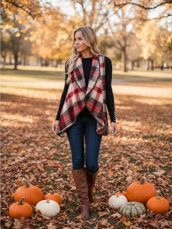 Plaid Waterfall Open Front Wool Polyester Vest New Size L Vibrant Autumn Vibe! - Image 11