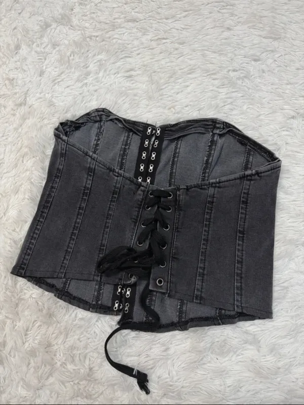 Bdg Black Washed Denim Corset Top - Image 2