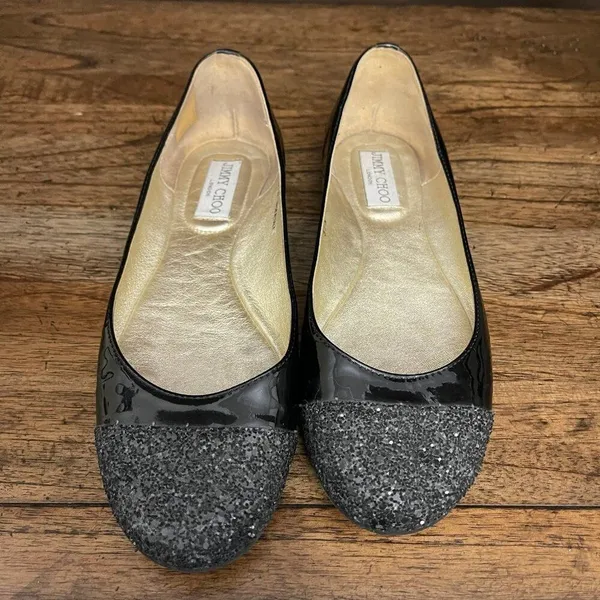 Jimmy Choo Black Patent Leather Silver Glitter Toe Ballet Flat Size 37.5 - Image 3