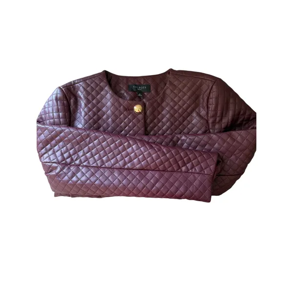 Talbots Petite Quilted Faux Leather Jacket 8P Burgundy Gold Crest Buttons - Image 9