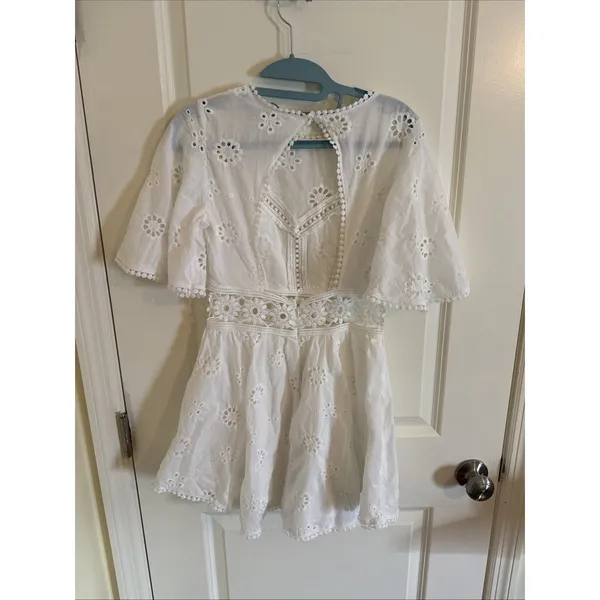 Saints + Secrets White Bell Sleeve Cutout Ruffle Mini Sheer Dress US Small - Image 4