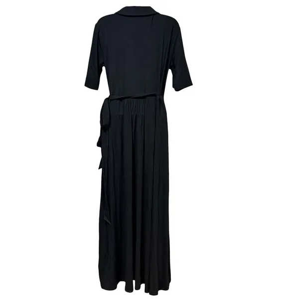Quince Tencel Jersey Midi Wrap Dress Black Shawl Collar Short Sleeve L DKBIZ01 - Image 4