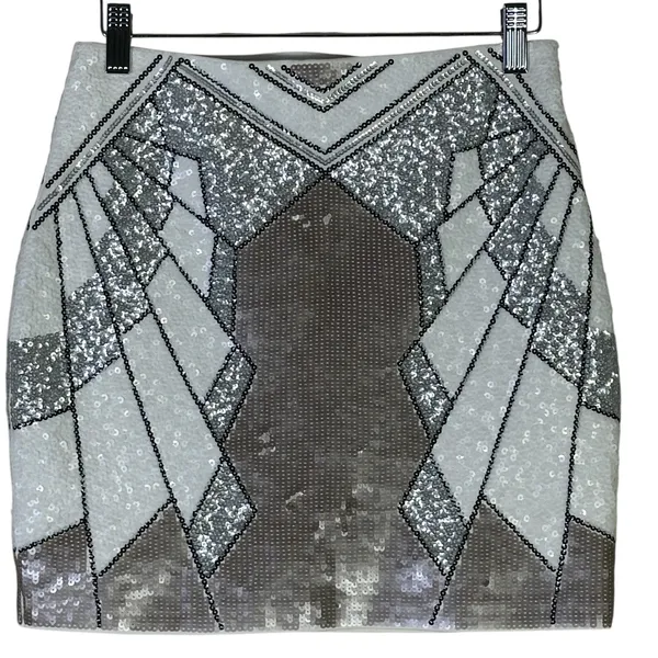 NWT Express Sequin Mini Skirt Womens XS White Silver Geometric High Rise NYE - Image 3