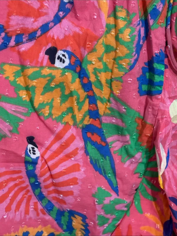 FARM Rio Coral Mixed Graphic Macaws Puff Sleeve Ruffle Hem Midi Wrap Dress XS - Image 12