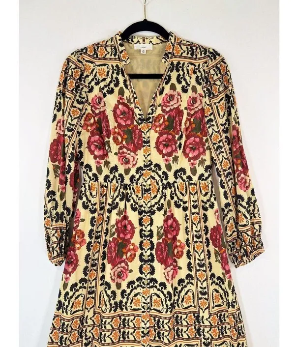 A Loves A Womens Dress Brown Vintage Floral Split V Neck Midi A Line Boho XS - Image 7