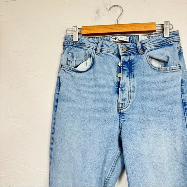 Zara Blue High Rise Straight Leg Jeans Womens 6 Slit at Ankle Button Fly Light - Image 5