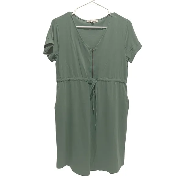 Angel Maternity Nursing Dress Women M Green Casual Zip Front Drawstring Pockets - Image 3