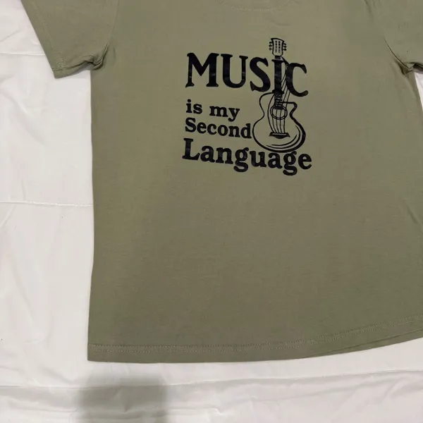Music Is My Second Language Graphic‎ T-Shirt Olive Green Cotton XL Short Sleeve - Image 3