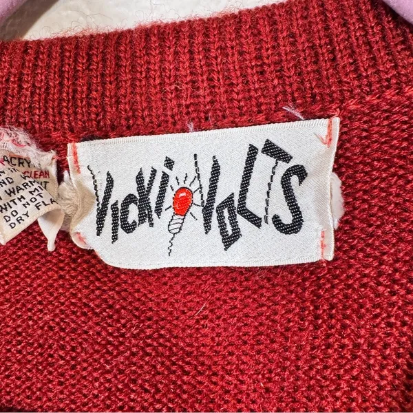 Vintage 70s Vicki Volts Red Grey Sweater Vest Womens S Fall Warm Hippie Folk - Image 7