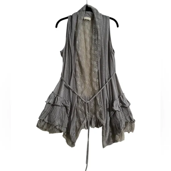 a’reve Gray Lace Ruffle Hem Layering Vest Tie Boho Festival Y2K Fairy Size S/M - Image 2