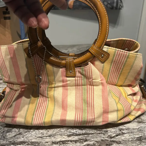 Vintage Fossil Striped Canvas hand Bag with Brown Handles - Image 8