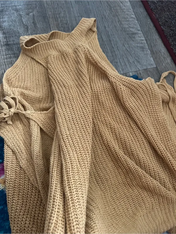 Lulus Sunny Style White Loose Knit Mock Neck Side Tie Tank Top Camel Size S - Image 8