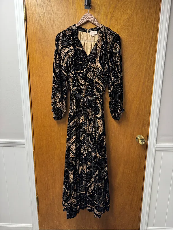 Ciebon Aria Tie Belt Long Sleeve Burnout Faux Wrap Velvet Dress Black Medium - Image 15