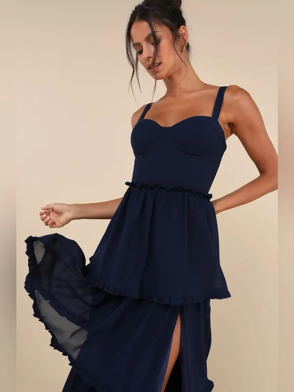 LULU’S Sophisticated Occasion Navy Blue Bustier Lace-Up Maxi Dress - Image 5