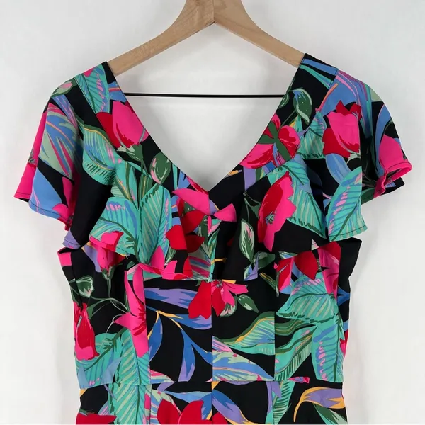 Cupio Tropical Floral Print Chiffon Ruffle Flutter‎ Sleeve V Neck Jumpsuit - Image 3