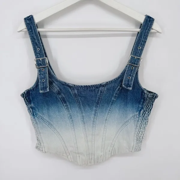 Amanda Uprichard‎ Raisa Top in Ioania Denim Buckle Crop Top Sz Lg - Image 6