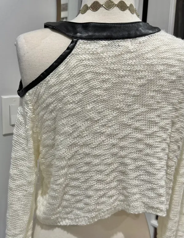 Rehab Cream Cold-Shoulder Knit Sweater with Black Faux Leather Trim - Image 6