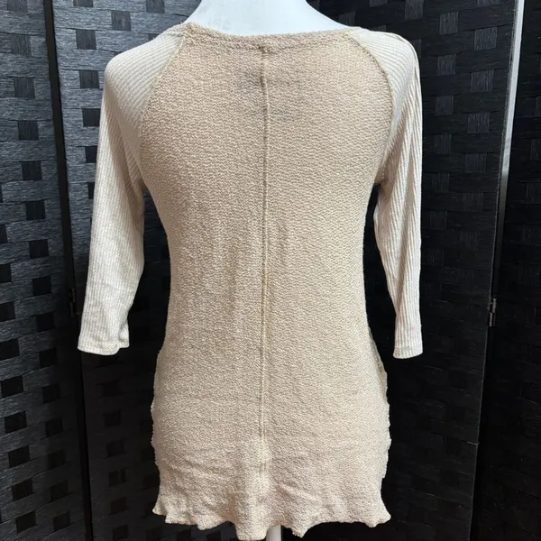 Free People We The Free Top Beige Lace Mixed Media Boho Waffle‎ Knit Casual M/L - Image 4