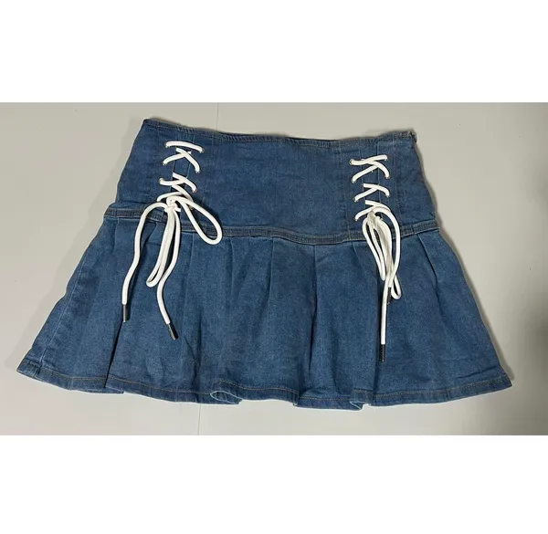 Blue White Jean Denim Tie-Up Pleated Mini Skirt Bottoms Size M 🩵🤍✨ - Image 2
