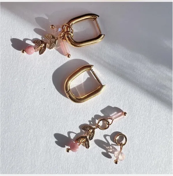 Gold dainty earring with pink charms leaves removable multiway to wear them - Image 3
