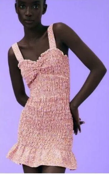 Zara Floral Ditsy Orange Lilac Smocked Sleeveless Minidress, EUC, Size Medium - Image 2