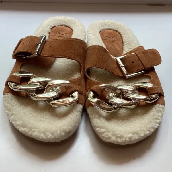 Marc Fisher Shoes Marc Fisher Fresno Natural Tan Shearling Sherpa‎ Slide Sandals - Image 5