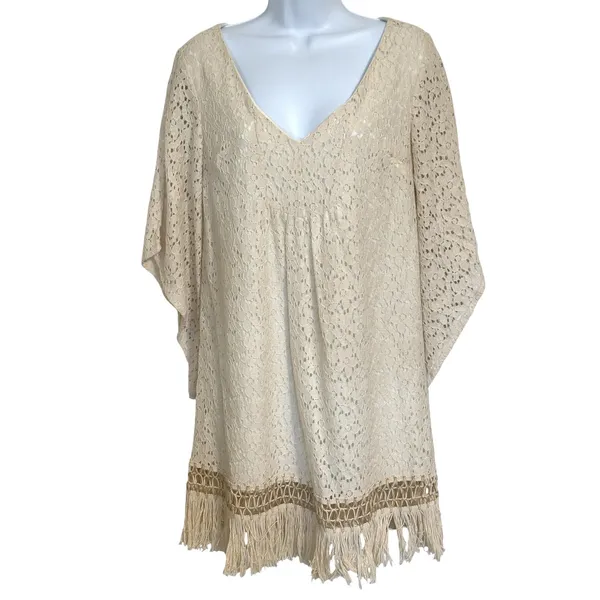 BUDDYLOVE Cream Floral Lace Kaftan Dress Fringe Hem Boho Kimono Sleeve EUC Small - Image 2