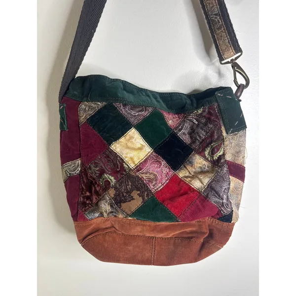 Vintage Y2K Lucky Brand Patchwork Hobo Bag Velvet Suede Paisley Boho Festival - Image 4
