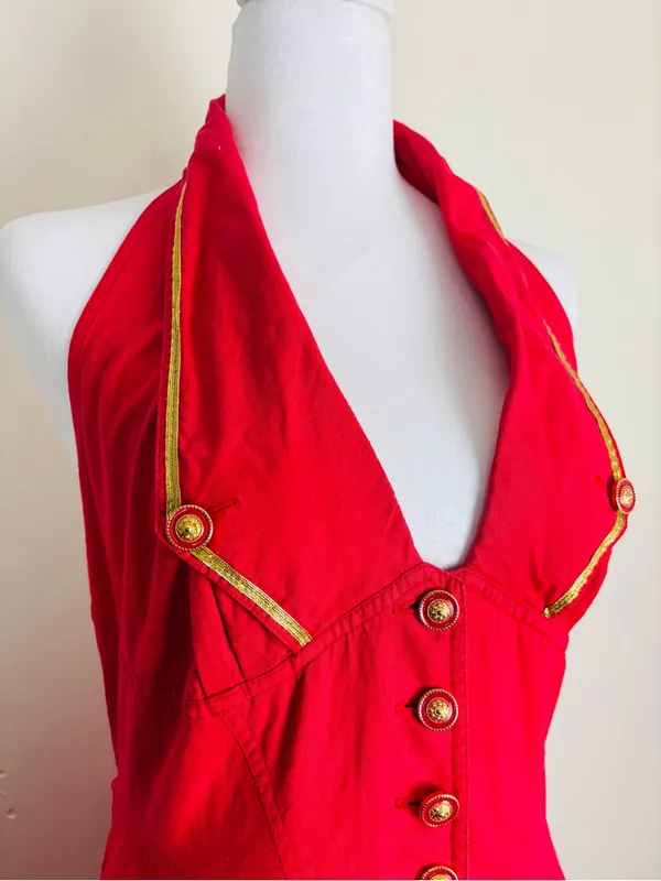 Vintage 90s Karen Alexander red w gold braid and buttons halter dress full skirt - Image 6