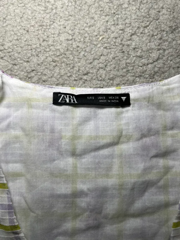 Zara Checkered Floral Print Draped Balloon Sleeve with Embroidered Eyelet Detail Mini Dress Size Small - Image 4