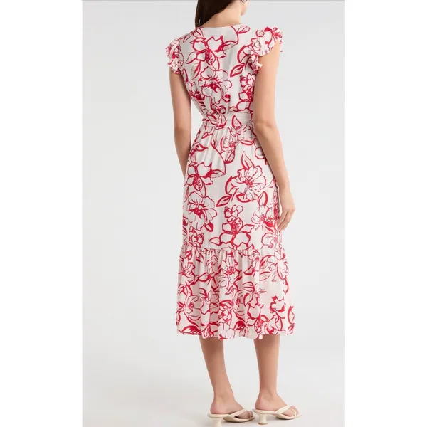 Sam‎ Edelman Petal Sketch V-Neck Maxi Dress Red White Floral Ruffle Size 10 NEW - Image 10